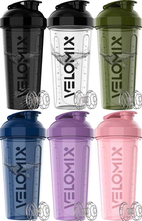 VELOMIX -6 PACK- Shaker Cups for Protein Shakes 28 oz - 6x Wire Whisk | Leak Proof Protein Shaker Bottle for Protein Shakes, Shaker Bottle Pack for Pre & Post Workout, Shaker Cup