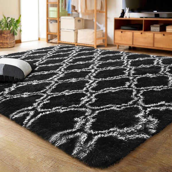 LOCHAS Luxury Shag Area Rug 4x6 Feet Geometric Indoor Plush Fluffy Rugs, Extra Soft and Comfy Carpet, Moroccan Rugs for Bedroom Living Room Dorm Kids Nursery, Black/White