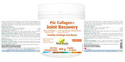 New Roots Herbal Pur Collagen + Joint Recovery, 454g - 20g Collagen, 120mg HA, Hydrolyzed Collagen Peptides Powder for Men & Women - Supports Cartilage, Bones and Joints, Collagen Supplement