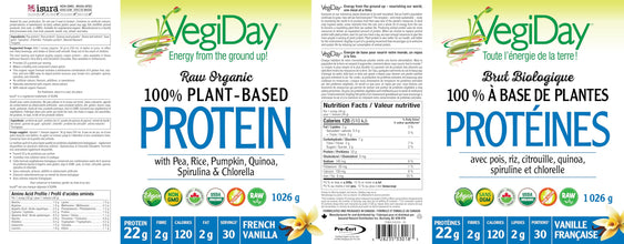 VegiDay Raw Organic Plant Based Protein 20g, French Vanilla, 1110g with Pea, Pumpkin, Chia, Quinoa, Spirulina & Chlorella