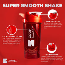 ZoopScoop Protein Shaker Bottle - Red | Portable Protein Powder Shaker Cup With Strainer & Leakprood Lid | 700ml - Easy Clean - BPA Free