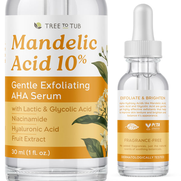 Tree To Tub Mandelic Acid Serum - 10% Gentle Exfoliating AHA Serum - Mandelic Serum w/Lactic & Glycolic Acid for Smoother Skin - Hyaluronic Acid to Hydrate - Vegan Skincare for Men & Women