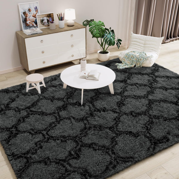 LOCHAS Luxury Shag Area Rug Modern Indoor Plush Fluffy Rugs, Extra Soft and Comfy Carpet, Geometric Moroccan Rugs for Bedroom Living Room Girls Kids Nursery, 4x6 Feet Dark Grey/Black