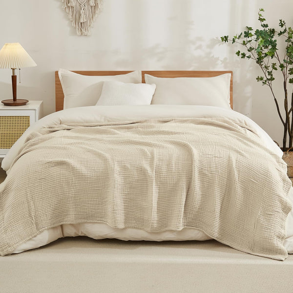 EMME Cotton Queen Size Bed Blanket, 90"x90", Lightweight, Breathable, All Season, Light Tan