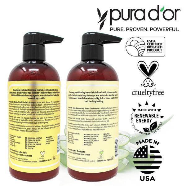 PURA D'OR Biotin Original Gold Label Anti-Thinning Shampoo & Conditioner Set (473ml x 2) Clinically Tested Effective Solution w/Herbal DHT Ingredients, All Hair Types, Men & Women (Packaging may vary)