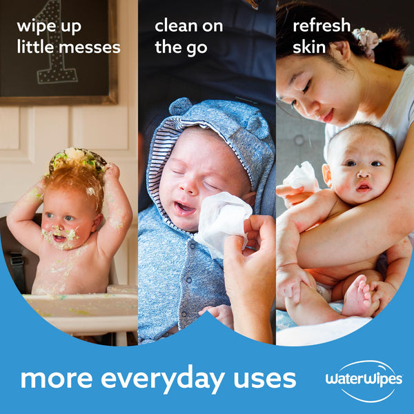 WaterWipes Plastic-Free Original 99.9% Water Based Wipes, Unscented & Hypoallergenic for Sensitive Skin, 180 Count (3 packs), Packaging May Vary