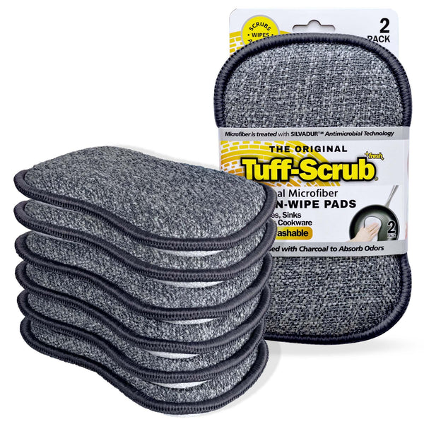 TUFF-SCRUB Kitchen Sponges - Heavy Duty + Microfiber Scrub-n-Wipe Dish Sponge Pads, Multipurpose Cleaning Scrubber Pad with Silvadur + Charcoal Odor Control - 6-Pack Large