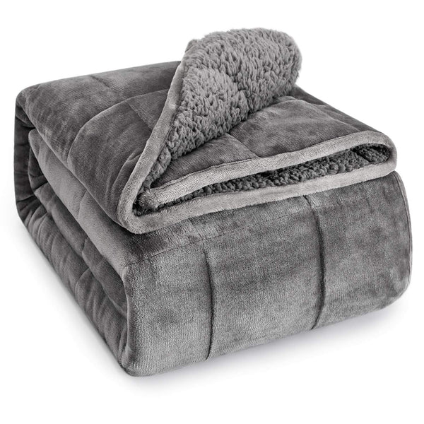 Wemore Sherpa Fleece Weighted Blanket for Adult, 15 lbs Dual Sided Cozy Fluffy Heavy Blanket, Ultra Fuzzy Throw Blanket with Soft Plush Flannel Top, 48 x 72 inches Grey on Both Sides