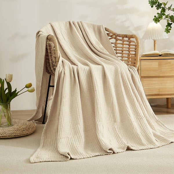 EMME Cotton Blanket King Size for Bed Soft Muslin Blankets 108"x90" Lightweight Breathable Layering Bedspread Coverlet All Season Gauze Blanket, Light Tan