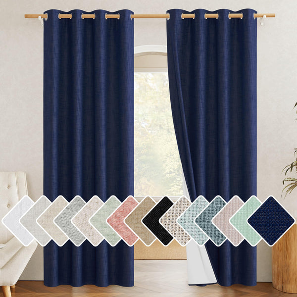 NICETOWN 100% Absolutely Blackout Linen Curtains with Thermal Insulated White Liner,Dark Blue,Privacy Vertical Window Drapes for Office Laundry Living Room Windows 84 inch Long,52" Wide,2 Pieces