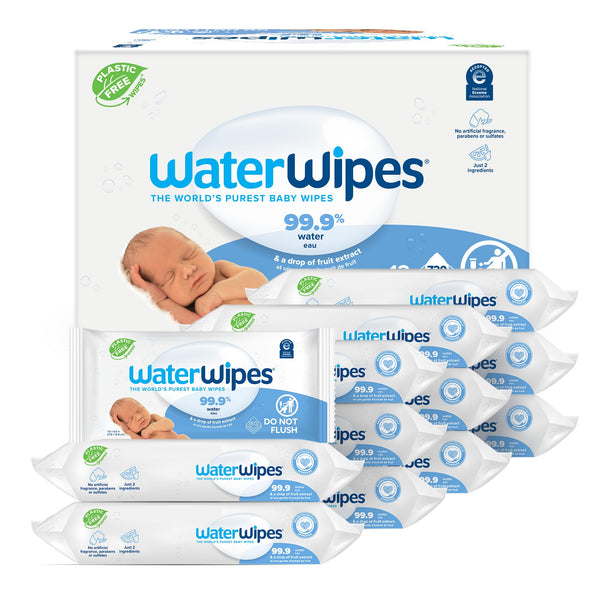 WaterWipes Plastic-Free Original Baby Wipes, 99.9% Water Based Wipes, Unscented & Hypoallergenic for Sensitive Skin, 720 Count (12 packs), Packaging May Vary