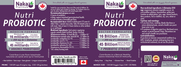 Naka Platinum Nutri Probiotic 45 Billion Input, 7 Probiotic Strains, +250 mg L-Glutamine. Gastro-Intestinal Health, Healthy Gut Flora 150 Delayed Release Capsules