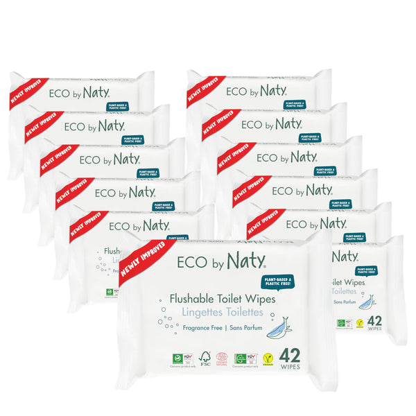 Eco by Naty Flushable Baby Wipes - Compostable and Plant-Based Wipes, Chemical-Free and Hypoallergenic Baby Wipes Safe for Baby Sensitive Skin, 42 Wipes Per Pack (12 Pk)