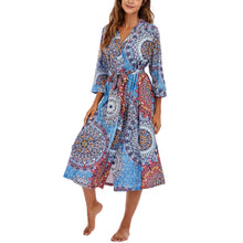 Women Kimono Robes Long Knit Bathrobe Lightweight Soft Knit Sleepwear V-neck Casual Ladies Loungewear mix blue M