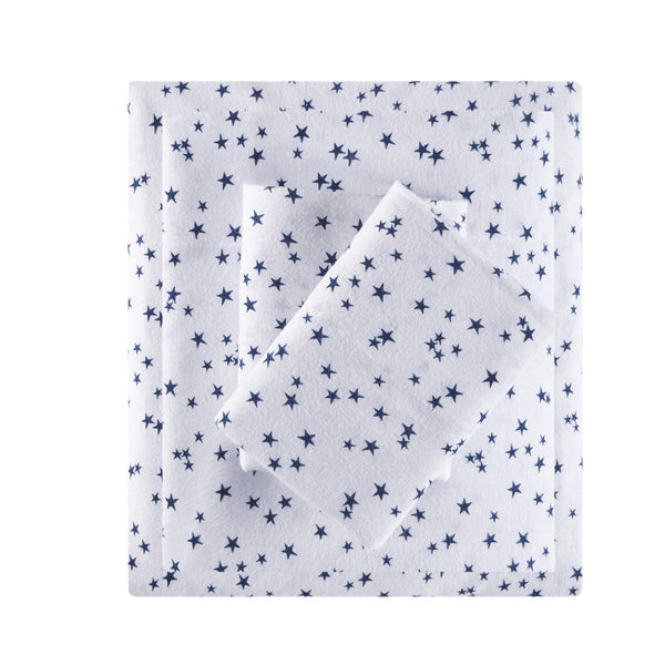 Intelligent Design Cozy Soft 100% Cotton Flannel Print Animals Stars Cute Warm, Ultra Soft Cold Weather Sheet Set Bedding, Queen, Blue Stars 4 Piece