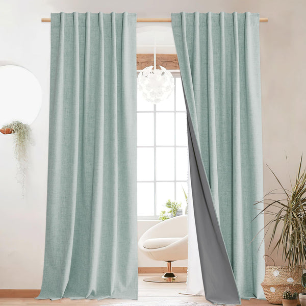 NICETOWN 100% Blackout Seafoam Green Linen Curtains 90 inches Length 2 Panels with Thermal Insulated Liners, Farmhouse Style Room Cooling Small Window Draperies for Dining Room(2 Panels,52" W)