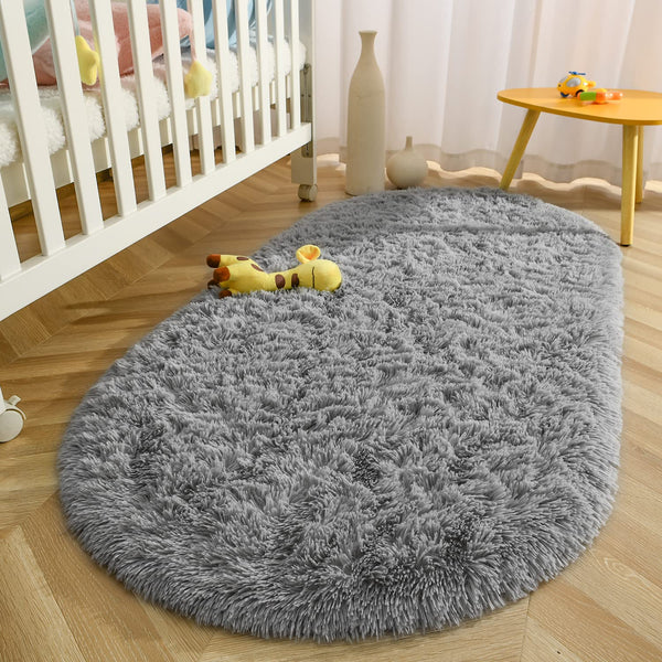 Terrug Fluffy Area Rug for Bedroom Living Room,Soft Oval Girls&Boys Rugs for Kids Room Baby Nursery,Gray Carpet for Dorm Teen's Room-Home Decor Shaggy Plush Throw Rug 2.6 x 5.3 Feet Grey