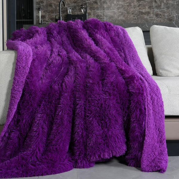 Pawque Faux Fur Throw Blankets 50x60 Inches, Soft Fuzzy Sherpa Blankets for Sofa, Couch and Bed, Plush Fluffy Fleece Blankets, Long Hair Blanket, Purple