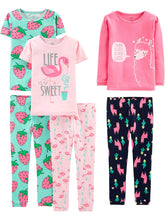 Simple Joys by Carter's Girls' Little Kid 6-Piece Snug Fit Cotton Pajama Set, Flamingo/Strawberries/Llama, 6