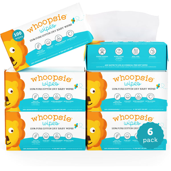 Whoopsie Wipes | Ultra-Soft - 100% Pure Cotton Dry Baby Wipes | Use Wet or Dry | Soft & Sensitive | Extra Strong & Absorbent (6 Pack - 600 Count)