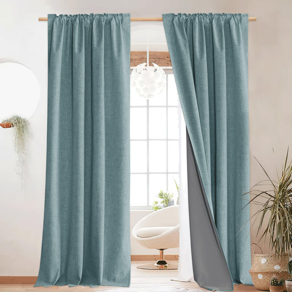 NICETOWN 100% Blackout Skylark Blue Linen Curtains 90 inches Length with Thermal Insulated Liners, Farmhouse Style Room Cooling Small Window Draperies for Dining Room (2 Panels, 52 inches W)