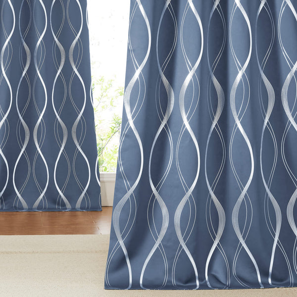 NICETOWN Blackout Curtains 90" Length 2 Panels Set for Bedroom, 52" Wide, Stone Blue, Foil Printed Wave Lines Energy Saving Thermal Insulated Draperies for Patio Hall Studio