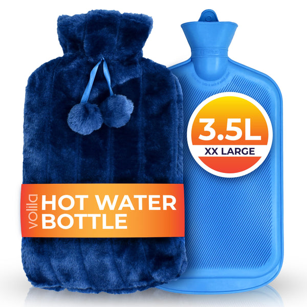 XXX-Large Hot Water Bottle with Cover - 3.5L Blue Hot Water Bag for Pain Relief - 118Fl Oz Extra Large Washable Soft Faux Fur, Big Hot Water Pack for Sore Muscles, Period Cramps, Hot and Cold Compress