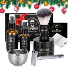 Shaving Kit for Men, Include Safety Razor, Sandalwood Shaving Cream, Mens aftershave, Pre Shave Oil, Shaving Brush and Bowl, Shaving Apron Bib -Shaving Gifts Set for Him Dad Men Stocking Stuffers (Black)