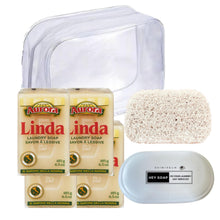 Travel Friendly Laundry Essentials Bundle: Aurora Linda Laundry Bar Soap (4x185g) with Laundry Brush, Soap Saver Pad and Waterproof Travel Case