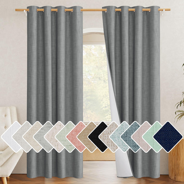 NICETOWN 100% Absolutely Blackout Linen Curtains with Thermal Insulated White Liner,84 inches Long Drapes,Grommet Retro Dove Grey Linen Vertical Drapes Privacy for Bedroom,52 inch Wide,Set of 2