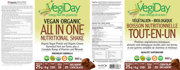 VegiDay® Vegan Organic All in One Nutritional Shake, Decadent Chocolate, 900 g, Convenient Way to Boost Your Nutrient Intake, Non-GMO, Plant-Based, 25 g of Protein per Serving, 20 servings