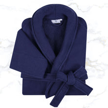 Superior 100% Cotton Waffle Robe with Terrycloth Lining and Shawl Collar, Oversized Unisex Hotel & Spa Bath Robes for Women and Men - Medium, Navy Blue