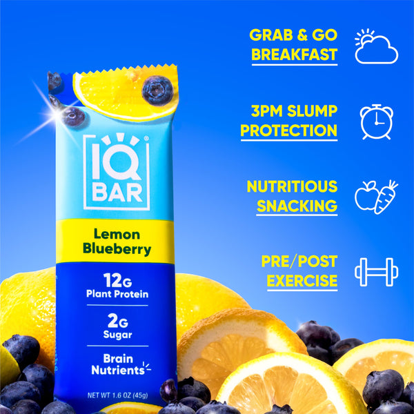 IQBAR Brain + Body Protein Bars, Lemon Blueberry, Keto, Vegan, Paleo Friendly, Low Sugar, Low Net Carb, High Fiber, Gluten Free, No Sugar Alcohols, 12 Count