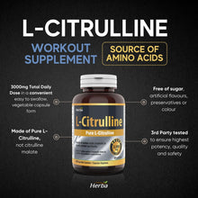 Herba L-Citrulline Capsules 750mg – 180 Vegetable Capsules | 3,000mg Per Serving | Pure L Citrulline Nitric Oxide Supplement | NPN from Health Canada | Made & 3rd Party Tested in Canada