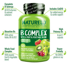 NATURELO B Complex - Whole Food Complex with Vitamin B6, Folate, B12, Biotin - Supplement for Energy and Stress - High Potency - Vegan - Vegetarian - Non GMO - Gluten Free - 120 Capsules