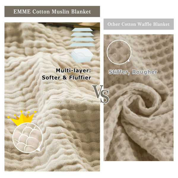 EMME Cotton Throw Blanket 100% Muslin for Couch 4-Layer Breathable Gauze All Season Soft and Lightweight Pre-Washed (Light Tan, 50"x70")