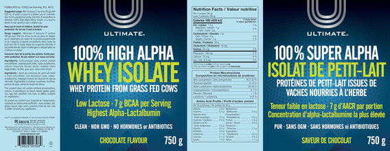 Ultimate 100% High Alpha Whey Isolate, Chocolate, Powder, 750g, High Performance, Grass-Fed, Low Lactose, Highest Alpha-Lactoalbumin, 7 g of BCAA per serving