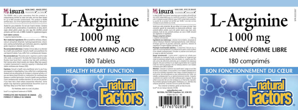 Natural Factors L-Arginine 1000 mg, 180 Tablets, HIGH POTENCY, Supports Healthy Heart Function, Proudly Canadian