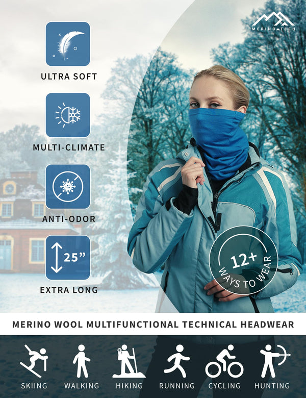 Merino.tech Merino Wool Ski Neck Gaiter - Face Mask Neck Warmer for Men and Women (Black Pack of 2)