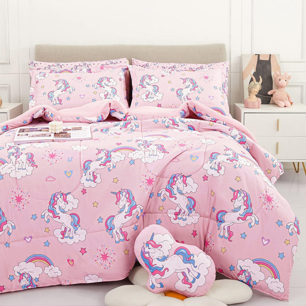 Mooreeke Kids Comforter Bed Set Full Size for s Girls, 8 Pieces Bed in a Bag with Shams, Sheet Set, Pink Unicorn Rainbow Double Soft Microfiber Kids Comforter Bedding Set