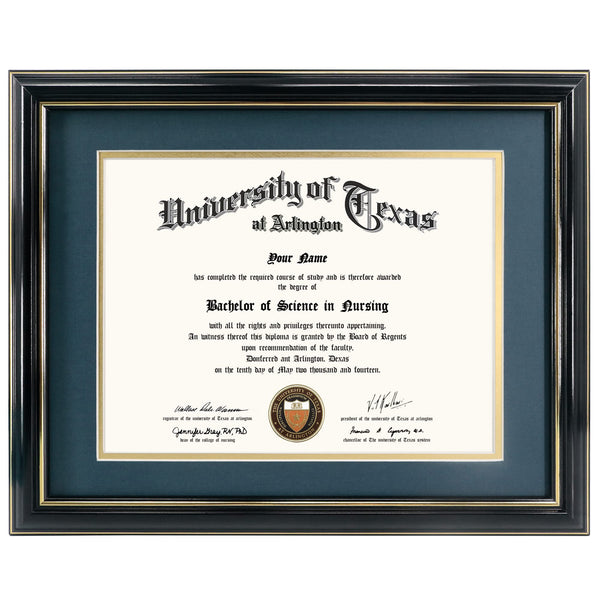 GraduationMall 8.5x11 Diploma Frame with Navy over Gold Mat or Display 11x14 Certificate without Mat,Solid Wood & UV Protection Acrylic,Glossy Black Finish with Gold Trim