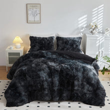 Wajade Faux Fur Plush Black Comforter Set Fluffy Fuzzy Shaggy Bedding Set - 3PC King Size Microfiber Soft Warm Quilt Set