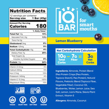 IQBAR Brain + Body Protein Bars, Lemon Blueberry, Keto, Vegan, Paleo Friendly, Low Sugar, Low Net Carb, High Fiber, Gluten Free, No Sugar Alcohols, 12 Count