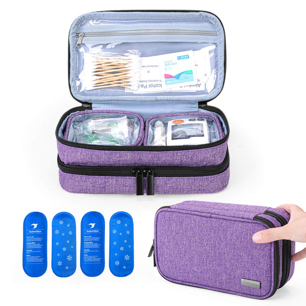 Yarwo Insulin Cooler Travel Case with 4 Ice Packs, Double Layer Diabetic Supplies Organizer for Insulin Pens, Blood Glucose Monitors or Other Diabetes Care Accessories, Purple (Bag Only Patent Pending)