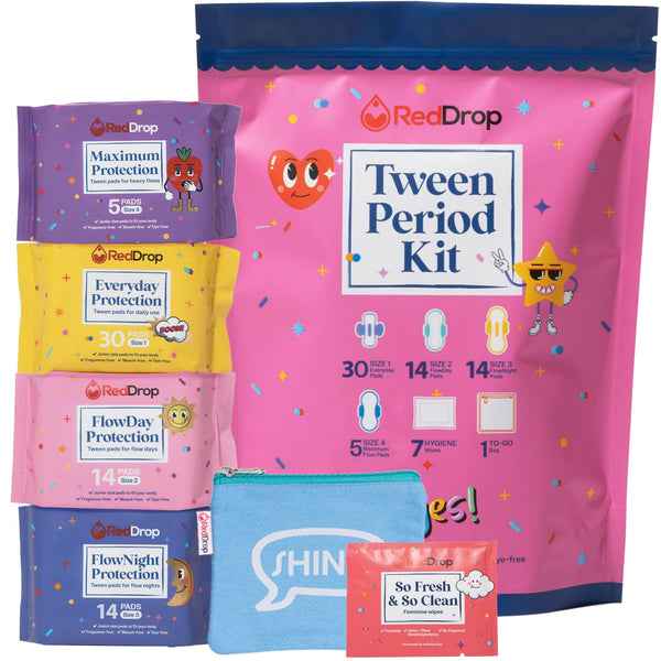 RedDrop Period Kit for Tweens - First Period Kit for Girls 9-12 - Includes 30 Everyday Pads, 14 FlowDay Teen Pads, 14 FlowNight Pads, 10 Maximum Pads, 10 Feminine Wipes, & More - Teen Period Kit