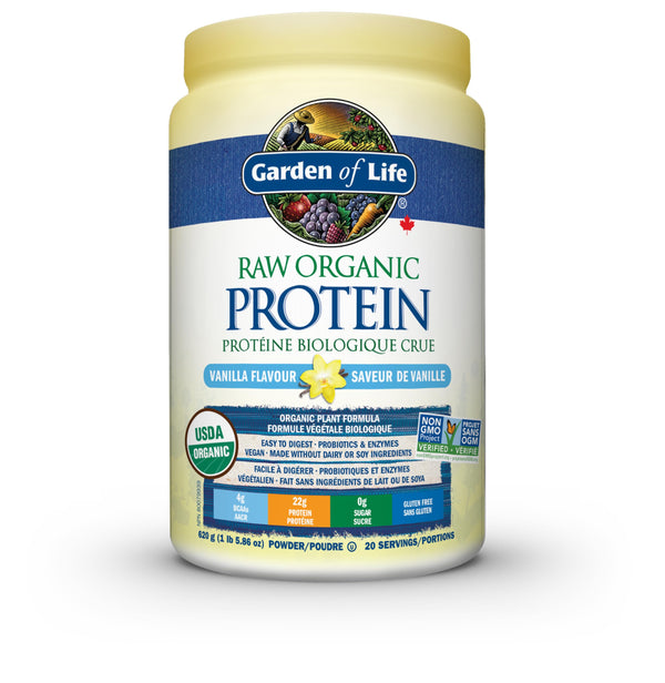 Garden of Life Raw Organic Protein, Vanilla, 624g. Packed with 22 Grams of Certified Organic Plant Protein, including organic peas grown and processed in Canada. Assists in building and repairs muscles. Loaded with 14 organic sprouted grains, seeds and le