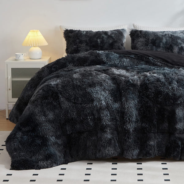 Wajade Faux Fur Plush Black Comforter Set Fluffy Fuzzy Shaggy Bedding Set - 3PC King Size Microfiber Soft Warm Quilt Set