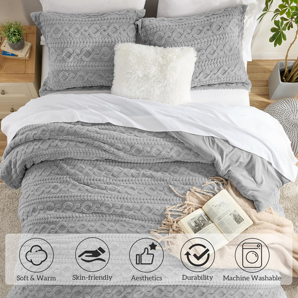 Homelike Moment Fluffy Queen Comforter Set, Grey Bedding Comforters Full Size, Soft Velvet Warm Comforters for Winter, Fuzzy Fleece Bed Set 3 Pieces (1 Comforter, 2 Pillowcases)