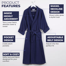 Superior 100% Cotton Waffle Robe with Terrycloth Lining and Shawl Collar, Oversized Unisex Hotel & Spa Bath Robes for Women and Men - Medium, Navy Blue