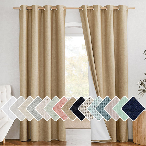 NICETOWN 100% Absolutely Blackout Linen Curtains with Thermal Insulated White Liner, Camel, W52 x L84, 2 Panels, Long Curtains 84 Inch Length for Patio Door, Doorway, Office, Overnight Shiftworker